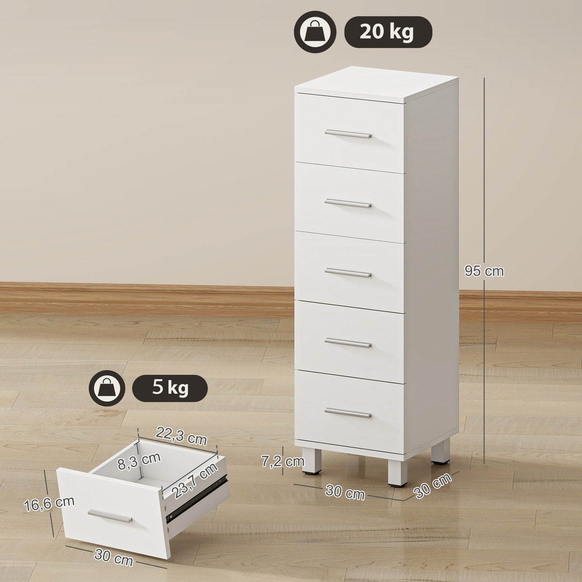Meuble de Salle de Bain 5 Tiroirs, Meuble de Rangement, 30 x 30 x 95 cm, Commode Salle de Bain, 30 x 30 x 95 cm, Blanc-2