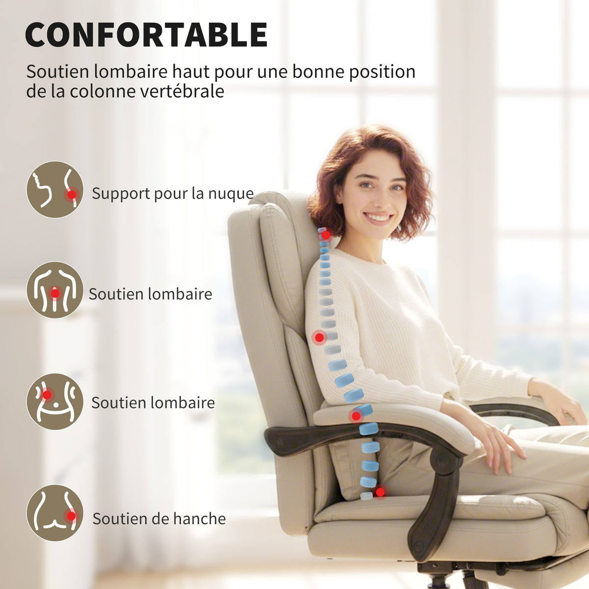 Chaise Bureau Ergonomique, Fauteuil de Bureau avec Dossier Inclinable, Hauteur Réglable, 65x67x111-119cm, Beige-3