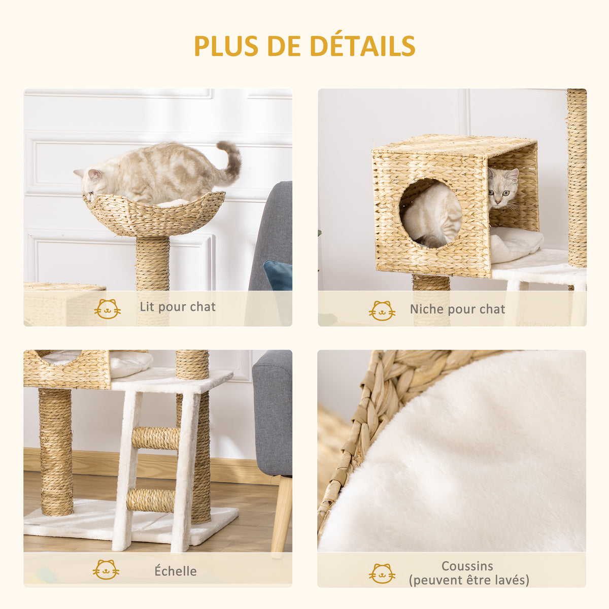 Arbre à chat arbre à grimper griffoir pour chat hauteur 100,5 cm avec coussins et échelle centre d'activités poteaux en quenouille-4