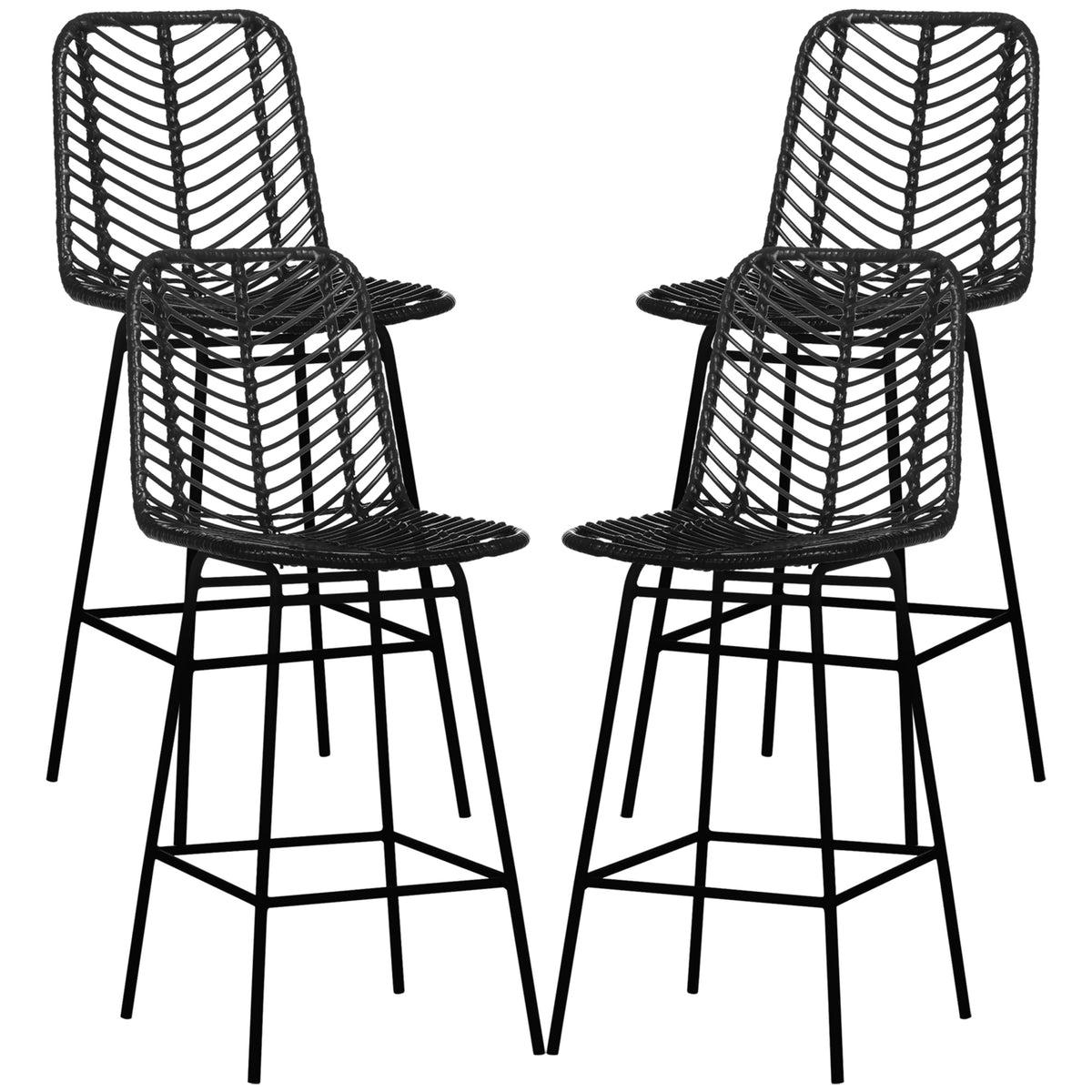 Lot de 4 tabourets de bar design bohème hauteur 66 cm avec repose-pieds métal et rotin PE - noir-0