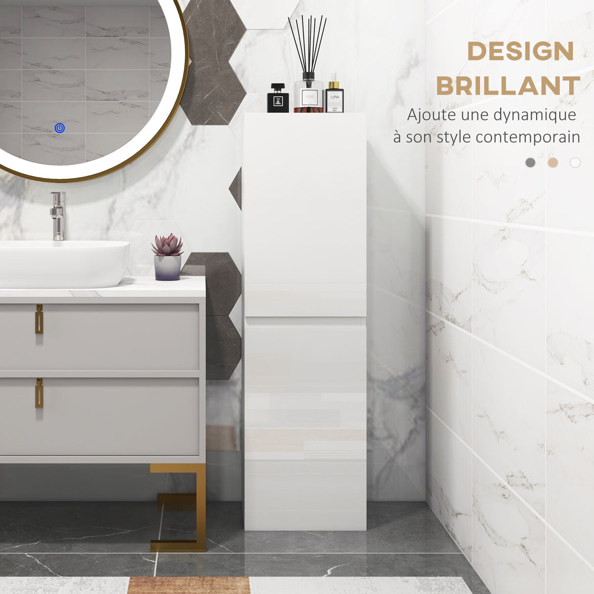 Meuble colonne rangement salle de bain style contemporain 2 placards étagères réglables 35 x 25 x 120 cm blanc laqué-3
