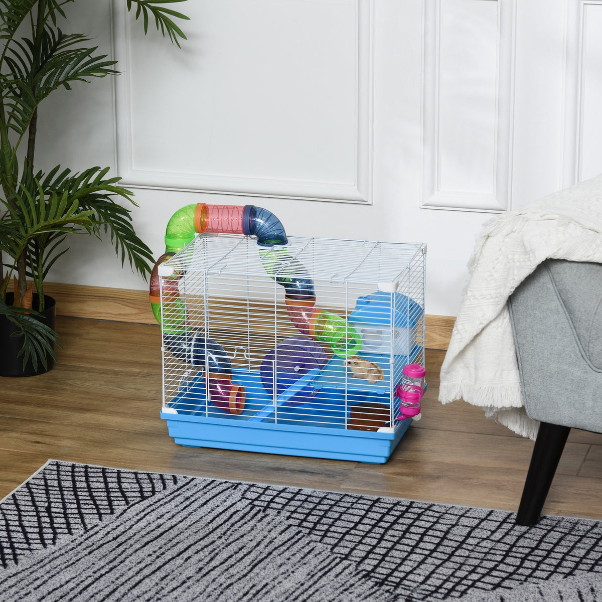 Cage à hamster rongeur 2 niveaux avec tunnel, biberon eau, roue, maisonnette, échelles dim. 46L x 30l x 37H cm, bleu-9