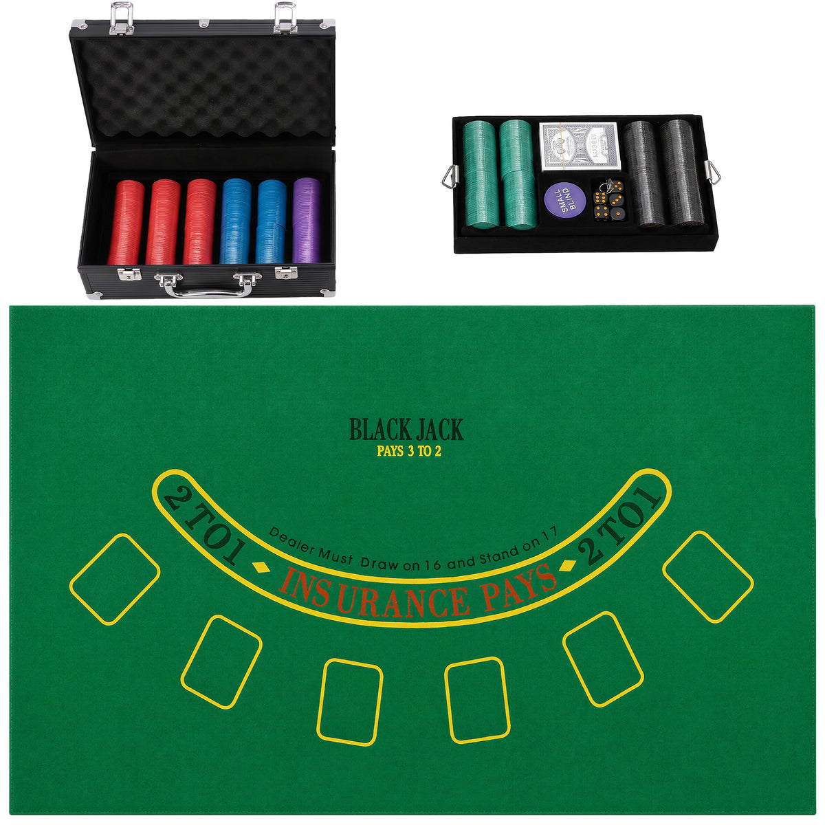 Mallette de Poker 500 Jetons 5 Valeurs, 2 Jeux de Cartes, Tapis de Jeu, Bouton Dealer, Blind, Alu, 31x17x11,5cm, Noir-0
