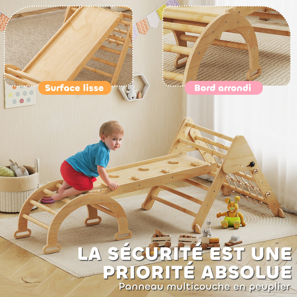 Triangle d'escalade enfants 8 en 1 avec rampe double face, arc d'escalade en bois avec toboggan & échelle, naturel-4