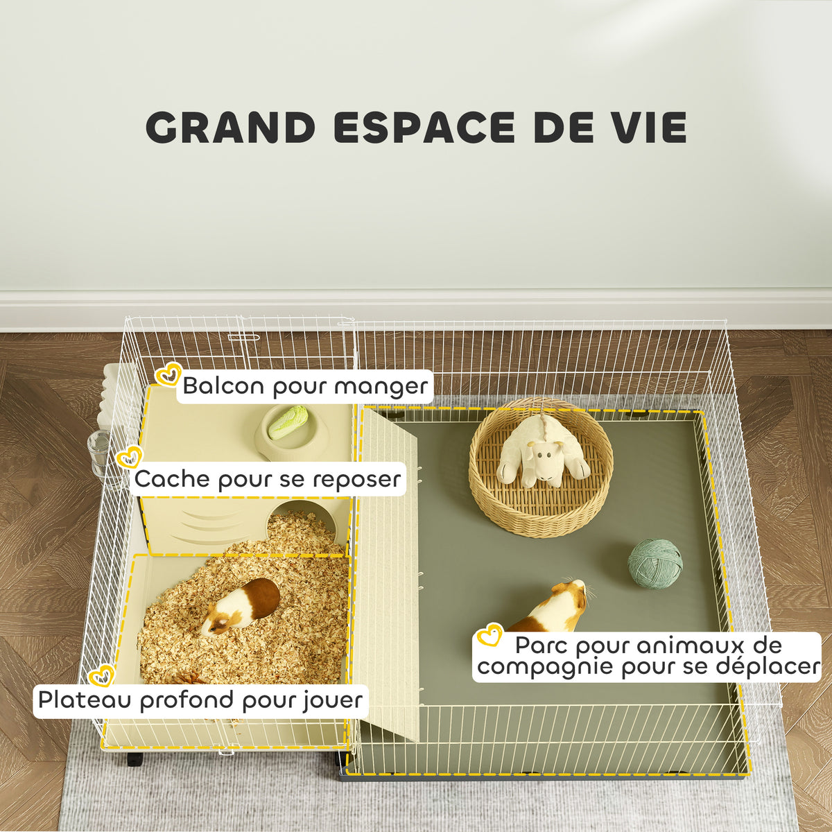 Cage cochon d'inde cage pour petits animaux avec parc amovible tapis imperméable mangeoire à foin 108 x 71 x 57 cm beige-3