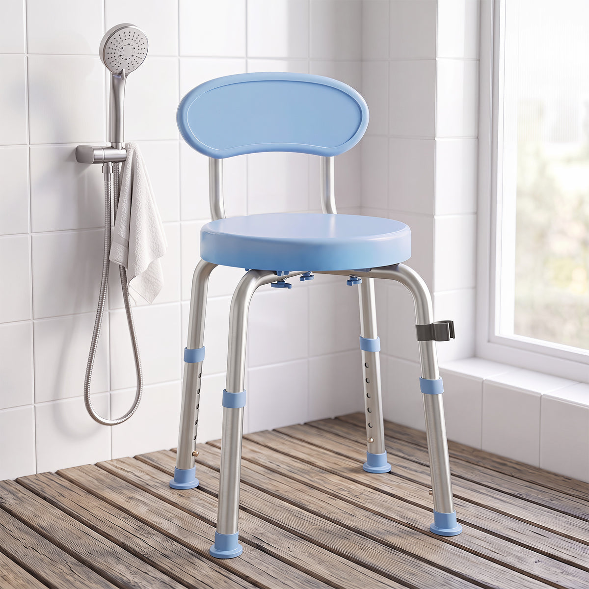 Tabouret de Douche Ronde Pivotant 360°, Hauteur Réglable, Dossier, Pieds Antidérapants, 38,5x37,5x75cm, Bleu Clair-1