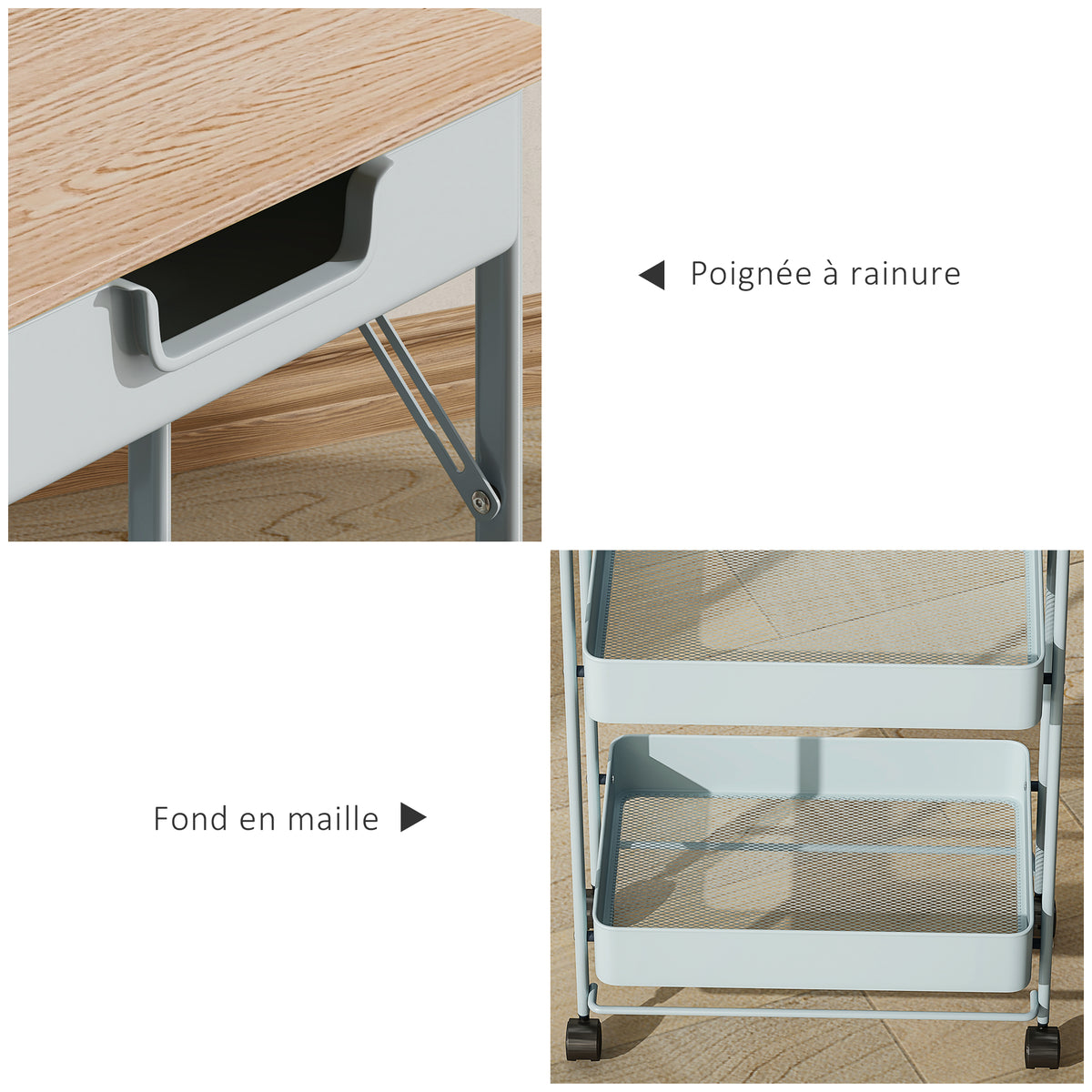Desserte chariot de rangement à roulettes 4 niveaux avec tiroir, plateau et paniers, vert-5