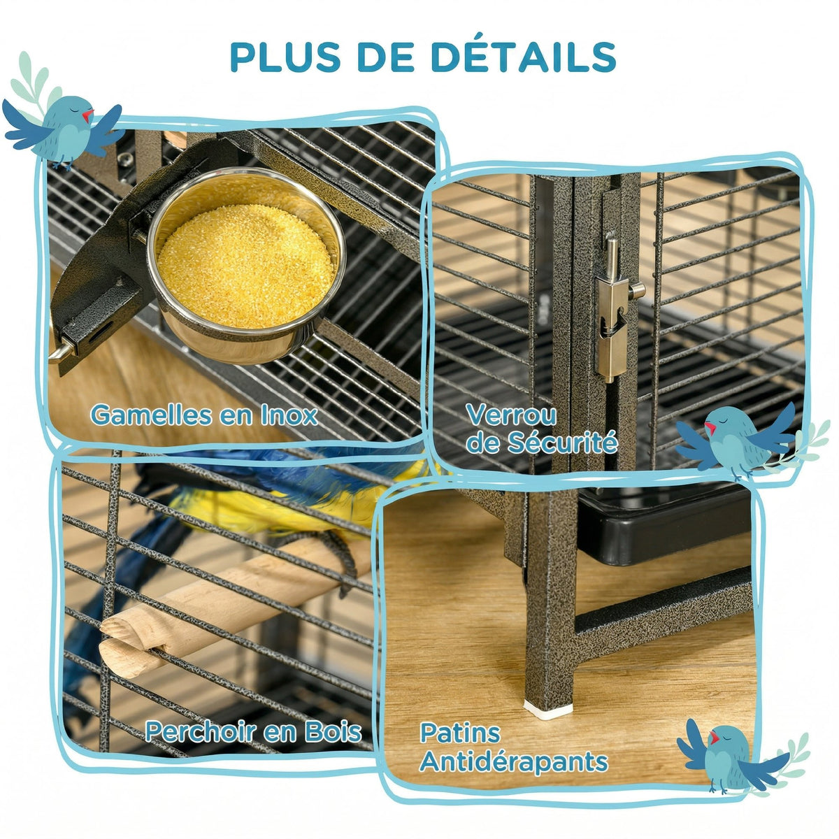 Cage de transport en acier pour perroquets, cage à oiseaux avec 2 bols en acier inoxydable, 2 perchoirs, plateau, noir-5