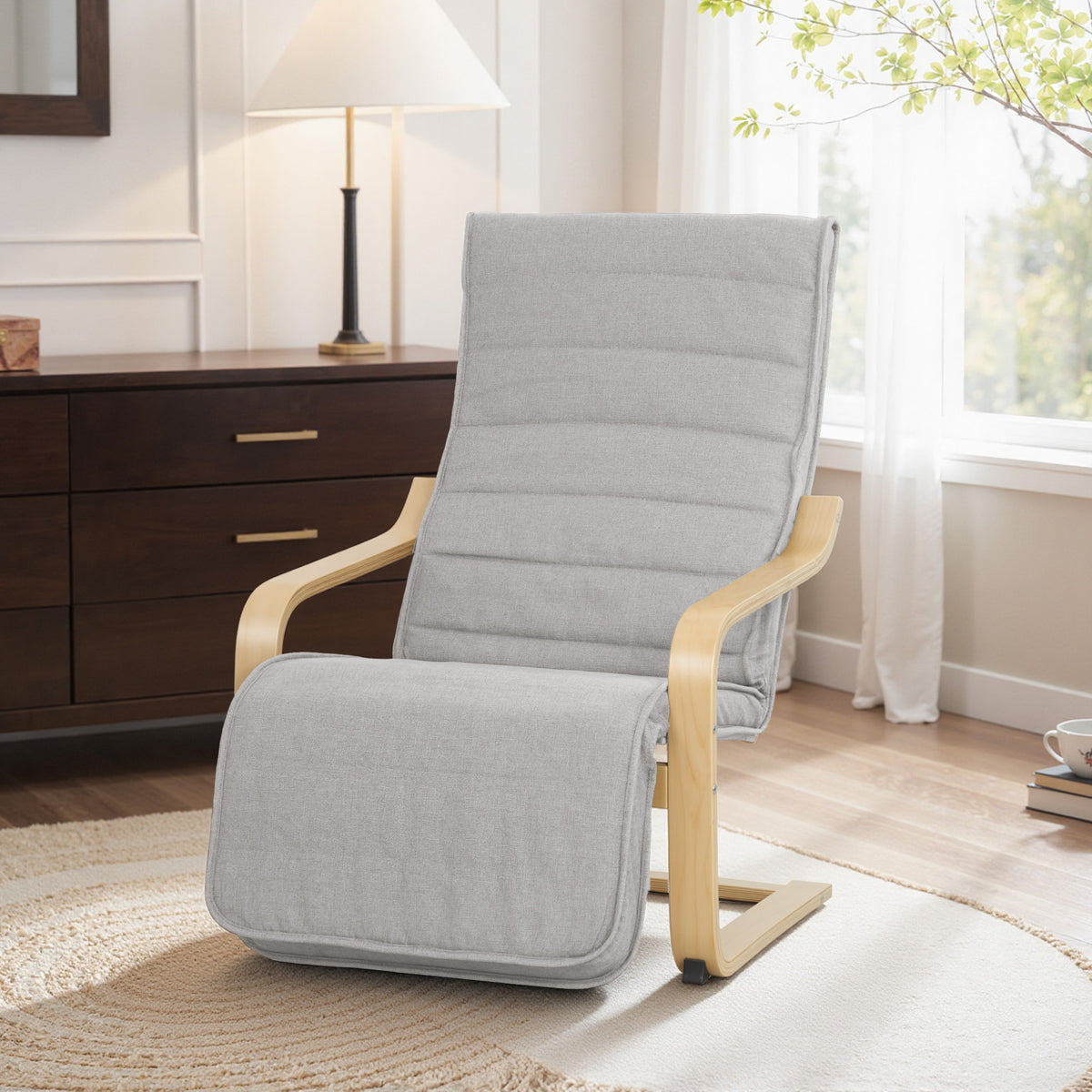 Fauteuil Luxe Confort et Relaxation avec Repose-Pied réglable déhoussable 94 x 66,5 x 100 cm cm Bois Massif Gris Clair-1