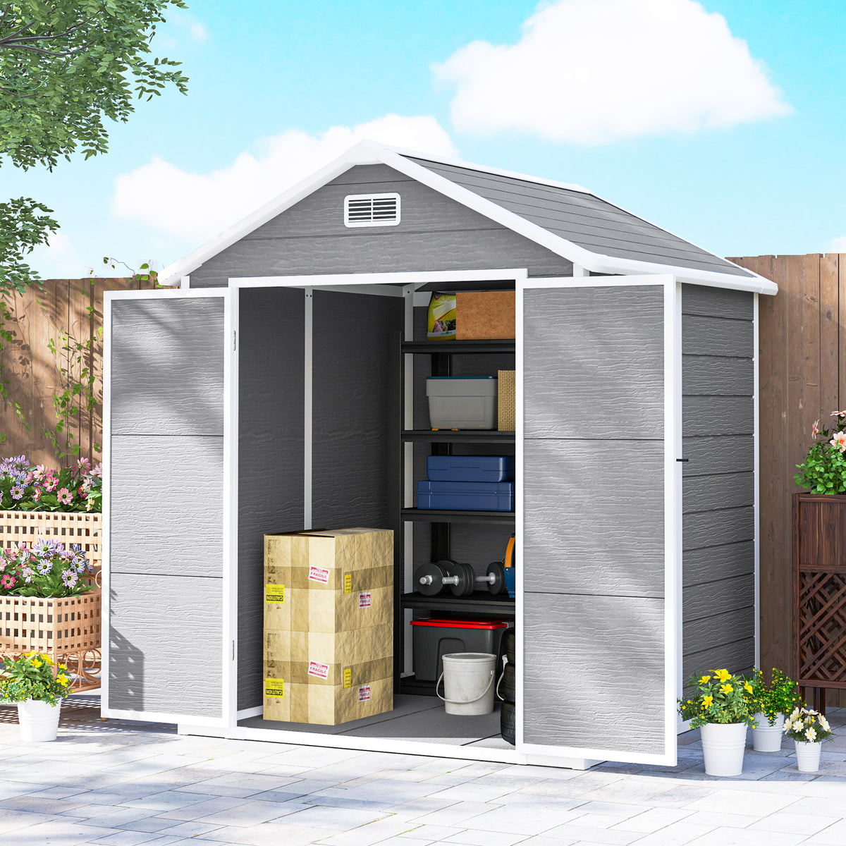 Abri de jardin en résine 2,7 m² avec plancher portes à loquet 3 fenêtre structure en aluminium 240 x 190 x 228 cm gris-9