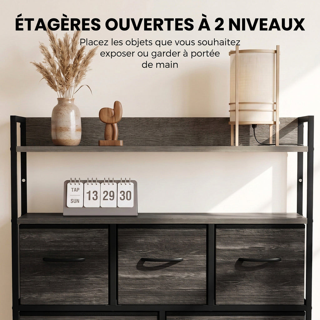 Meuble de rangement commode 7 tiroirs en tissu pliables et amovibles étagères ouvertes, gris-4