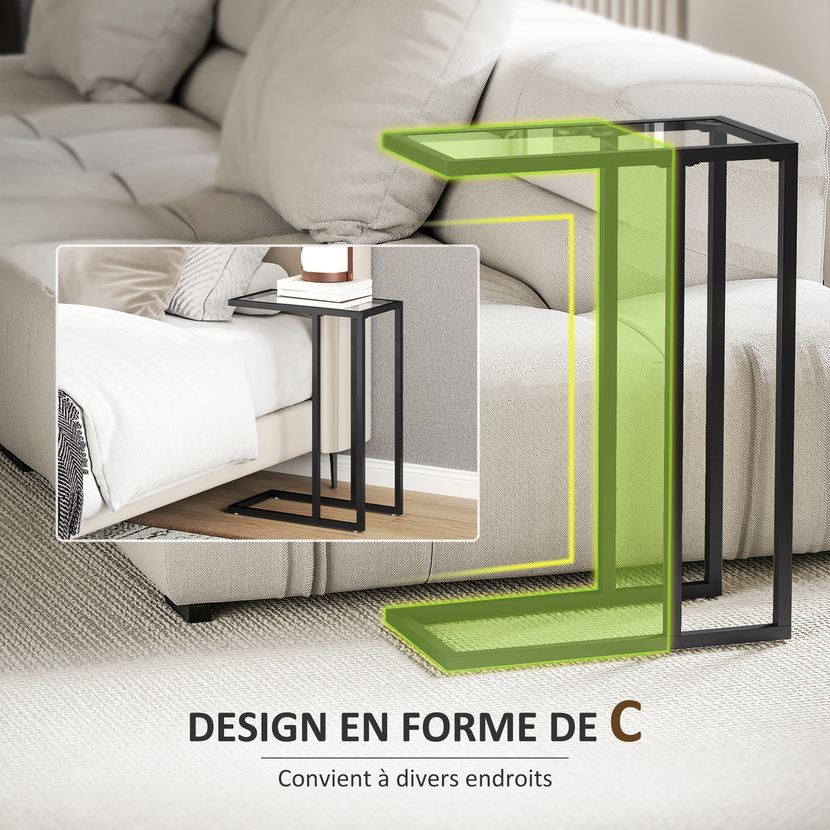 Table d'appoint en forme de C avec plateau en verre trempé, cadre en acier, noir-3