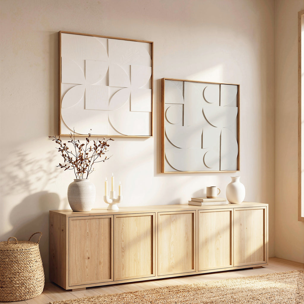 Lot de 2 tableaux abstraits 3D, décoration murale en bois géométrique, pour salon, chambre, bureau, 80 x 80 cm, blanc-9