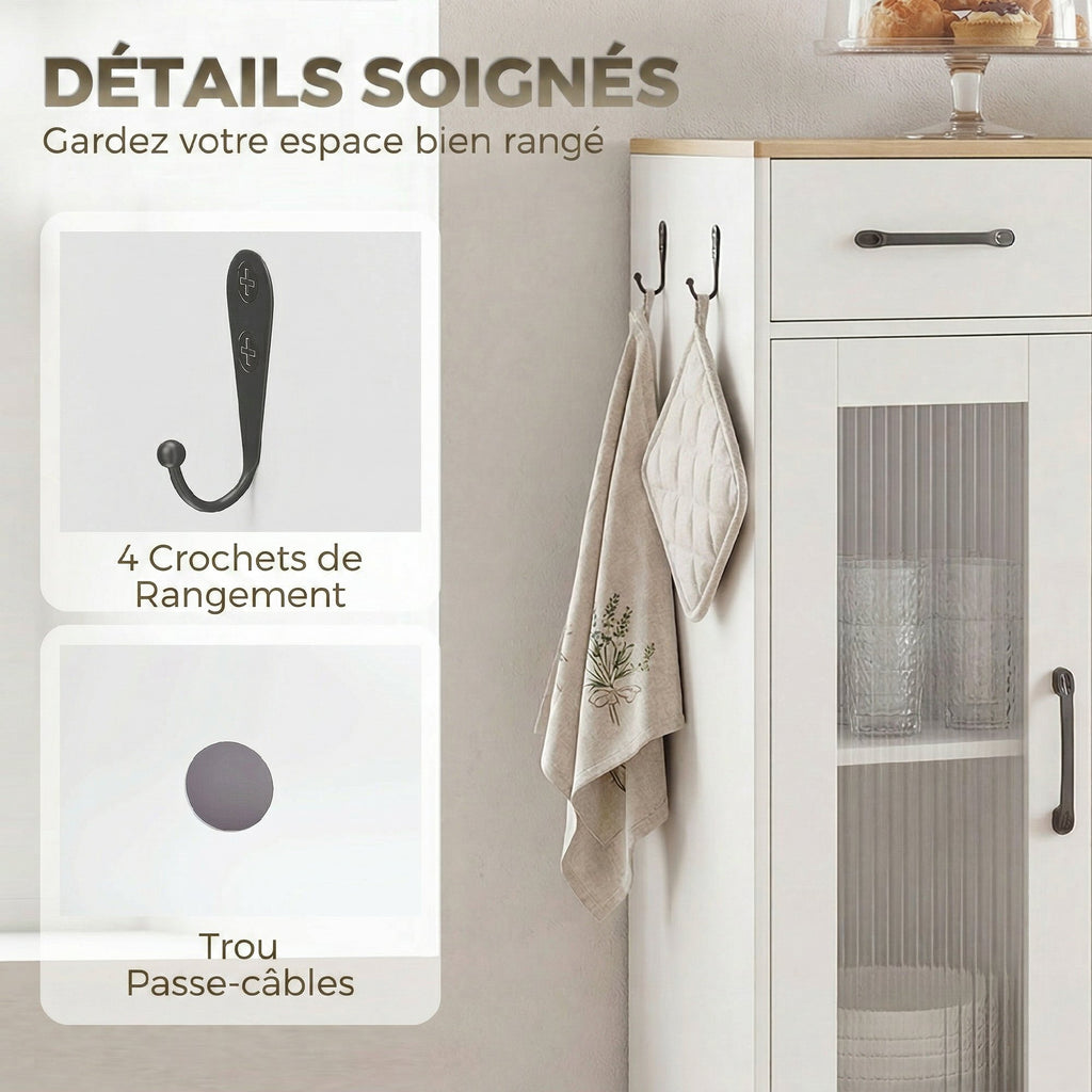 Buffet cuisine, meuble de rangement avec tiroir, 3 portes dont 1 en acrylique cannelée, étagère ouverte, blanc et chêne-7