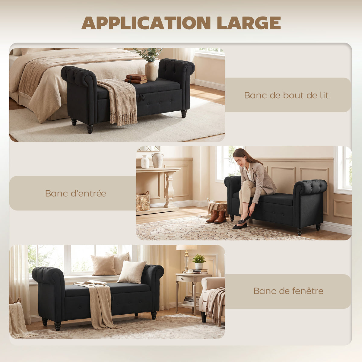 Banc banquette coffre 2 en 1 en tissu aspect lin avec pieds en bois 146,5 x 49 x 72 cm noir-7