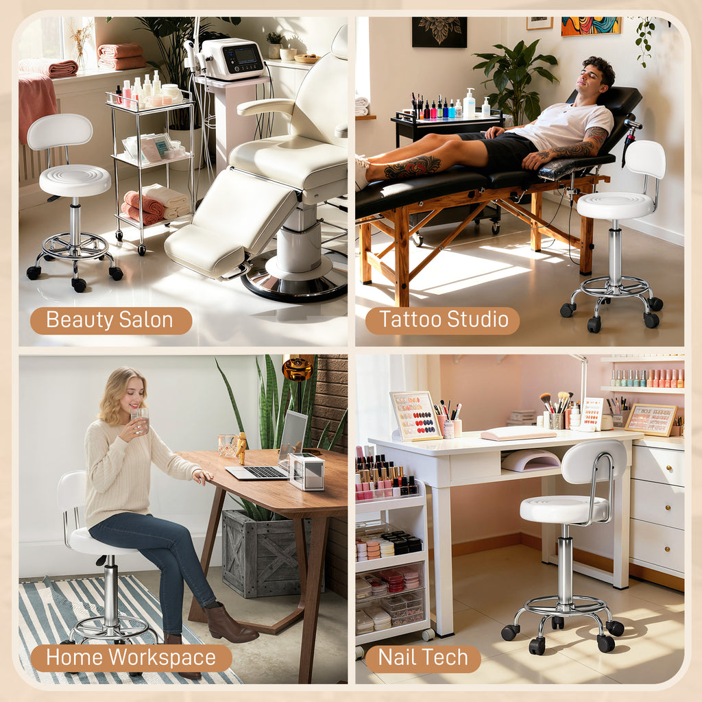 Tabouret à roulettes, tabouret de massage avec hauteur réglable 70-86 cm et dossier, pivotant 360°, blanc-7