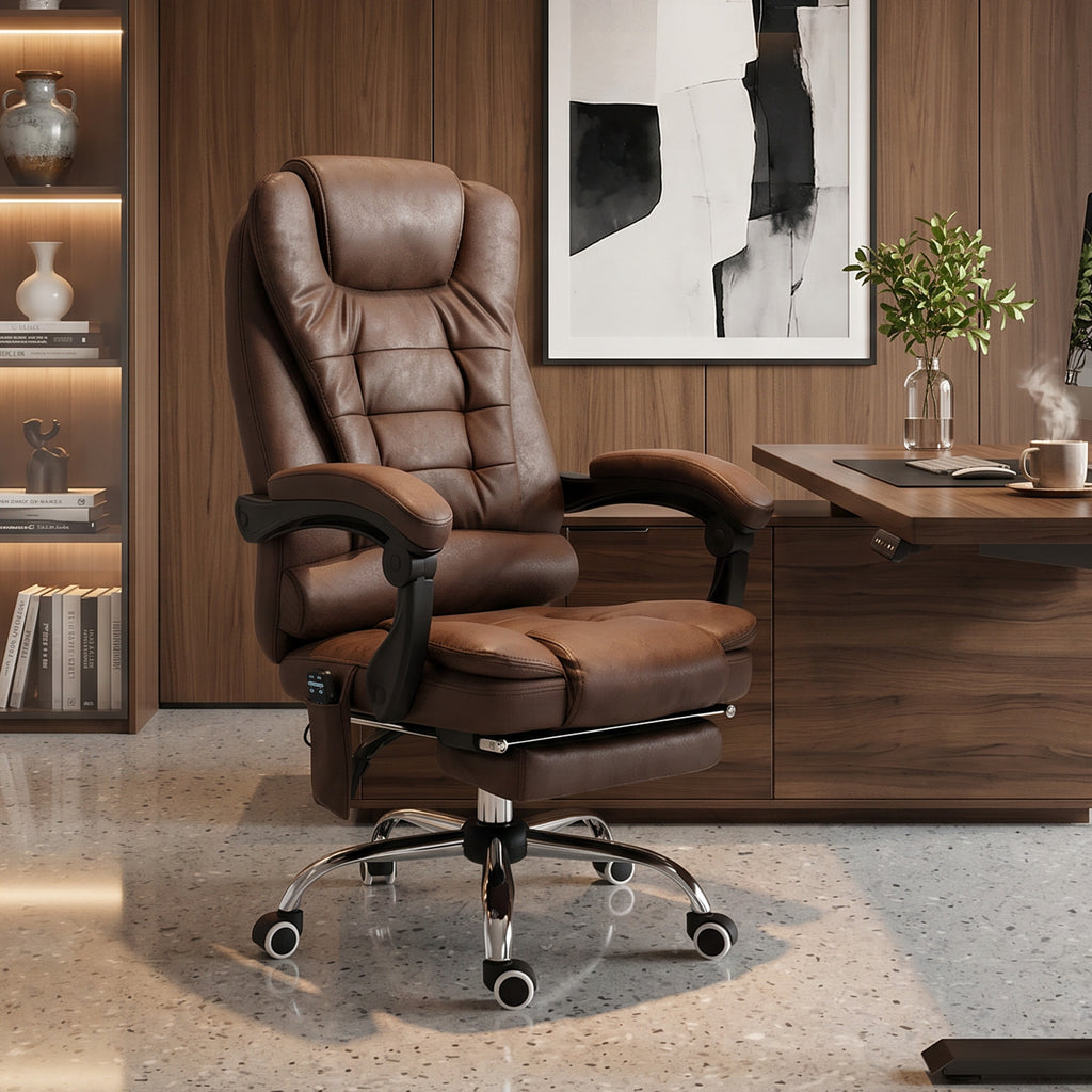 Fauteuil de bureau direction massant chauffant hauteur réglable dossier inclinable toile de microfibre marron-1