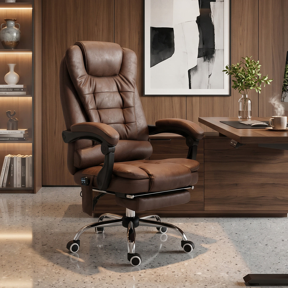 Fauteuil de bureau direction massant chauffant hauteur réglable dossier inclinable toile de microfibre marron-1