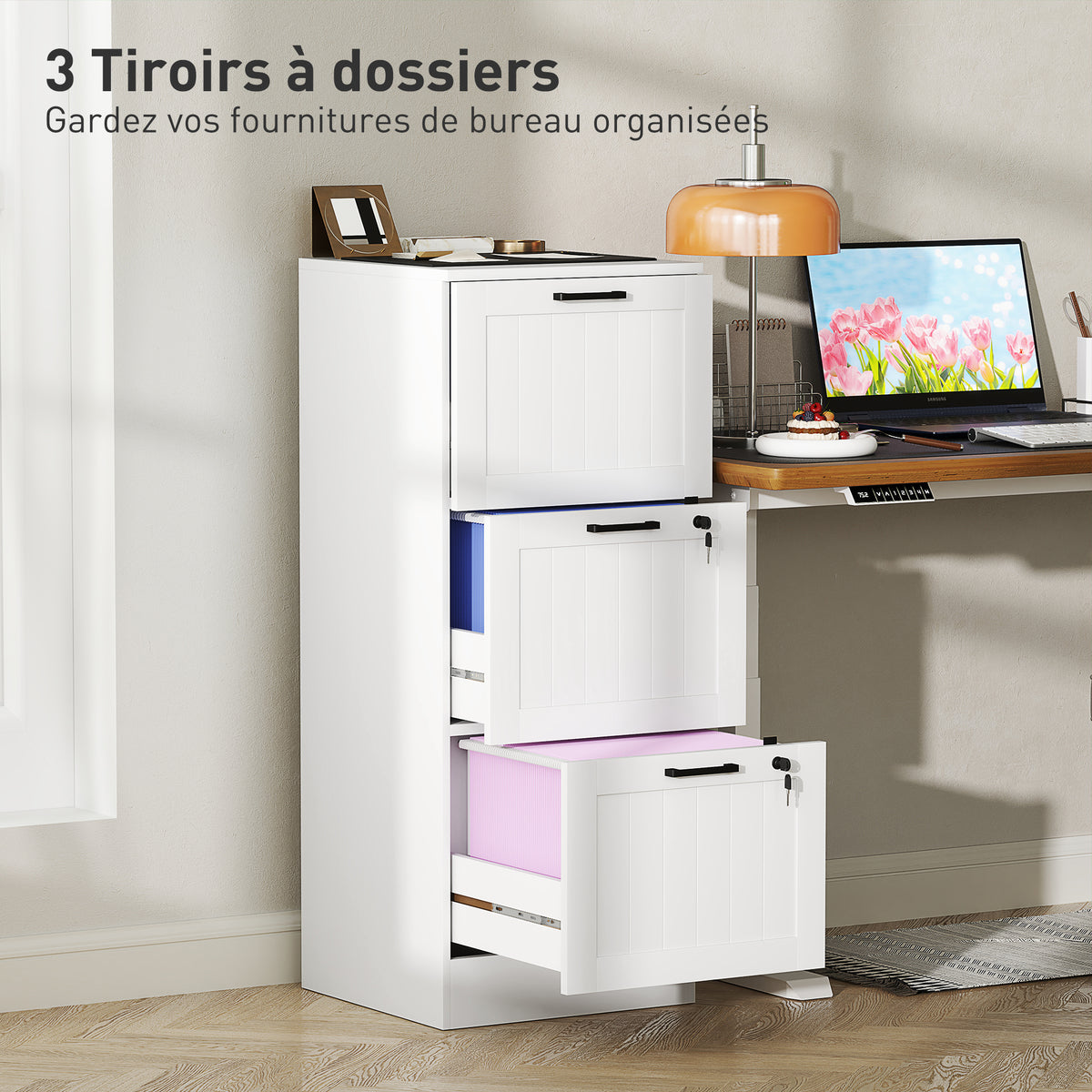 Caisson bureau, meuble rangement bois 3 tiroirs et serrure, barres de suspension réglables, 40 x 40 x 101 cm, blanc-3