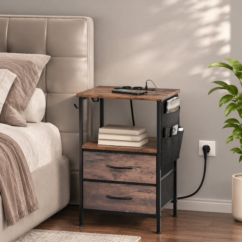 Table d'Appoint, Bout de Canapé, 2 Tiroirs et Sac de Rangement, Station de Charge, 40x30x60cm, Brun Rustique et Noir-3