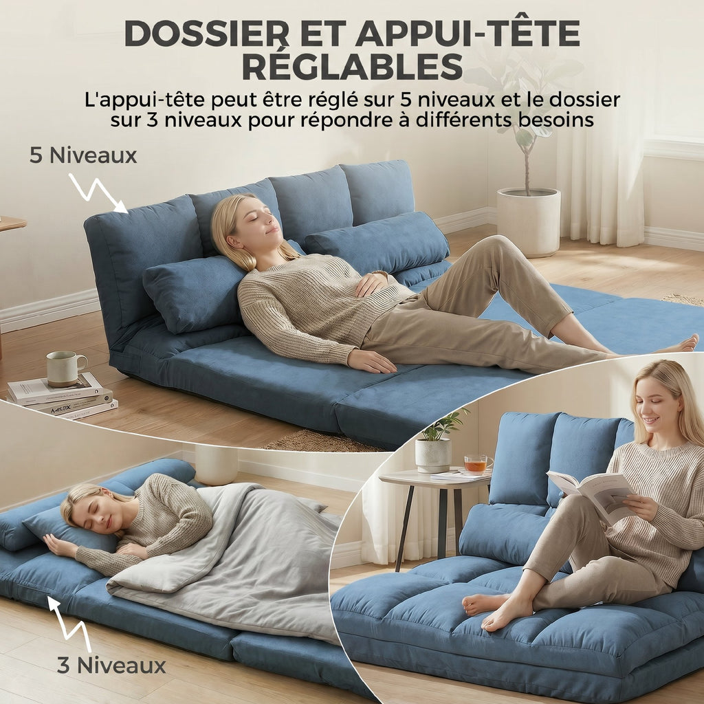 Chauffeuse matelas d'appoint pliant convertible - inclinaison dossier réglable 14 positions - 2 coussins inclus, bleu-3