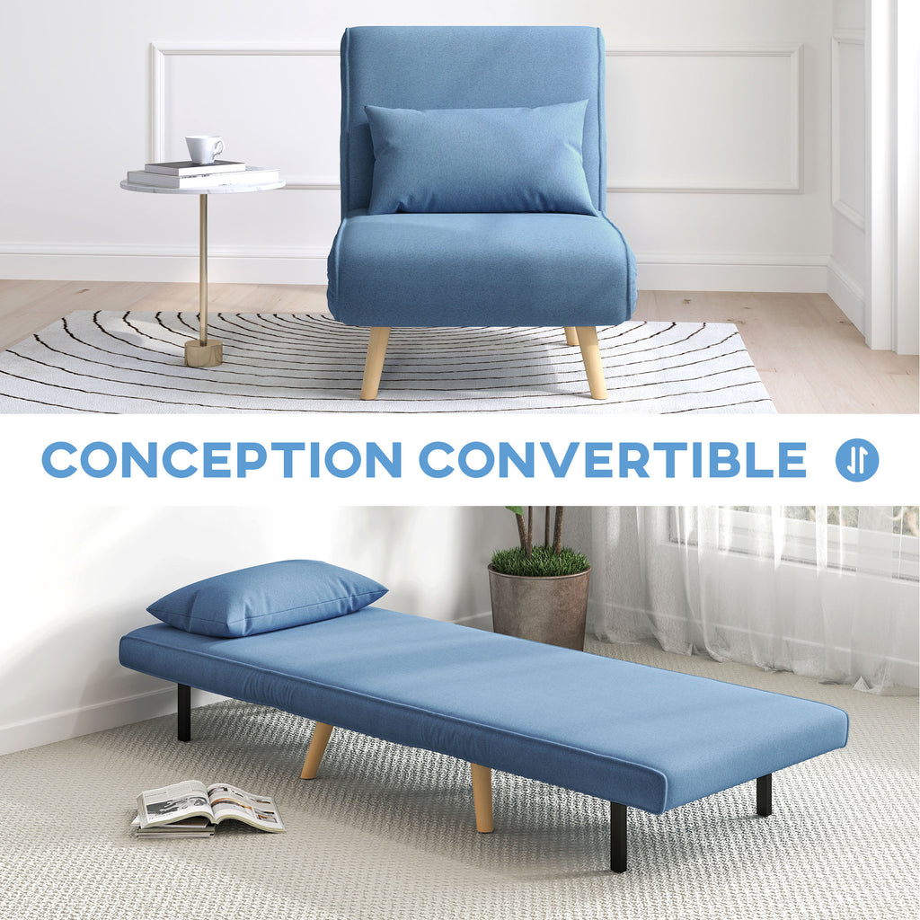 Fauteuil chauffeuse convertible 3 en 1 lit fauteuil lit 1 place dossier 5 positions en tissu avec coussin, bleu-3
