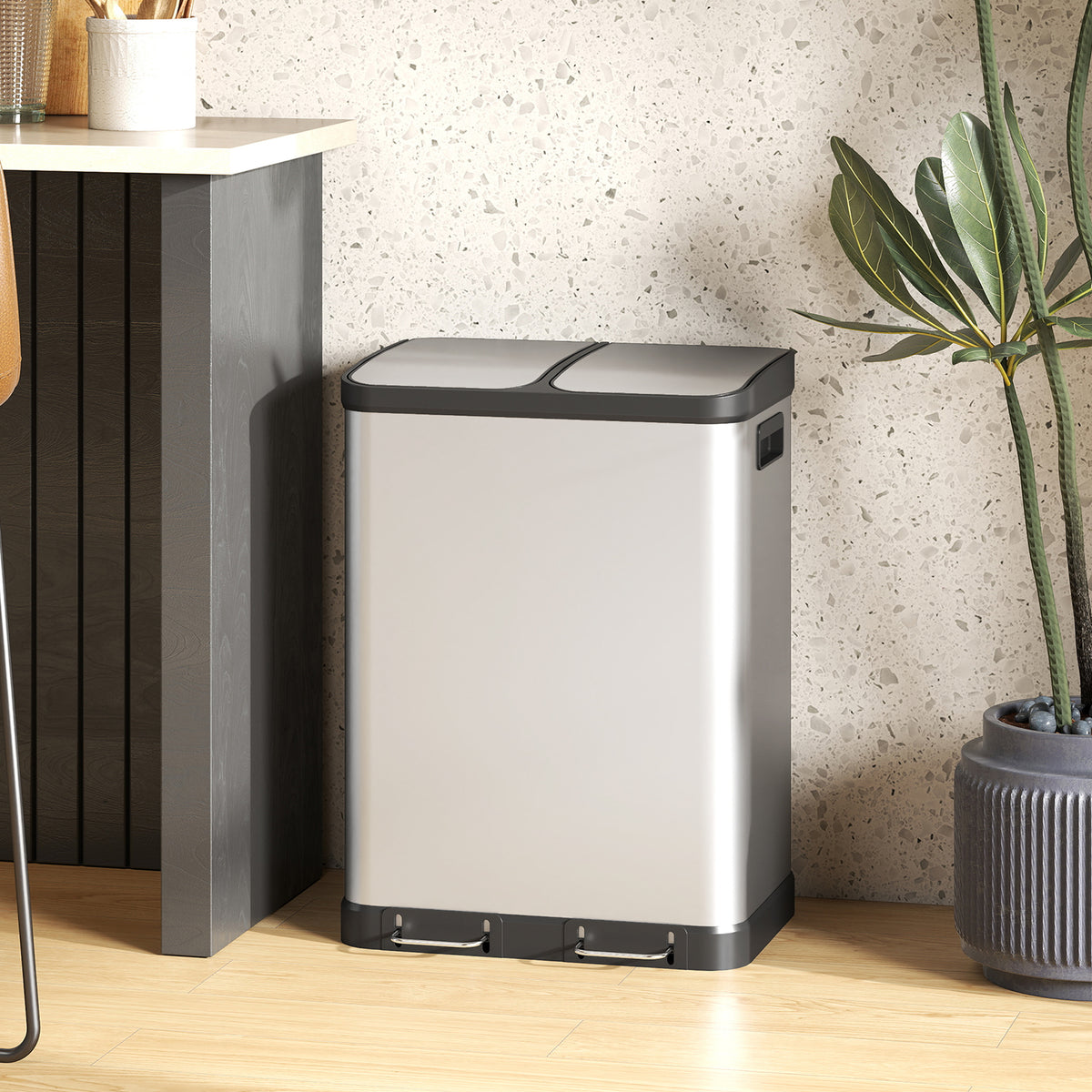 Poubelle de cuisine à double compartiment 2 x 30L avec pédale en acier inoxydable, couvercle à fermeture douce, argent-9
