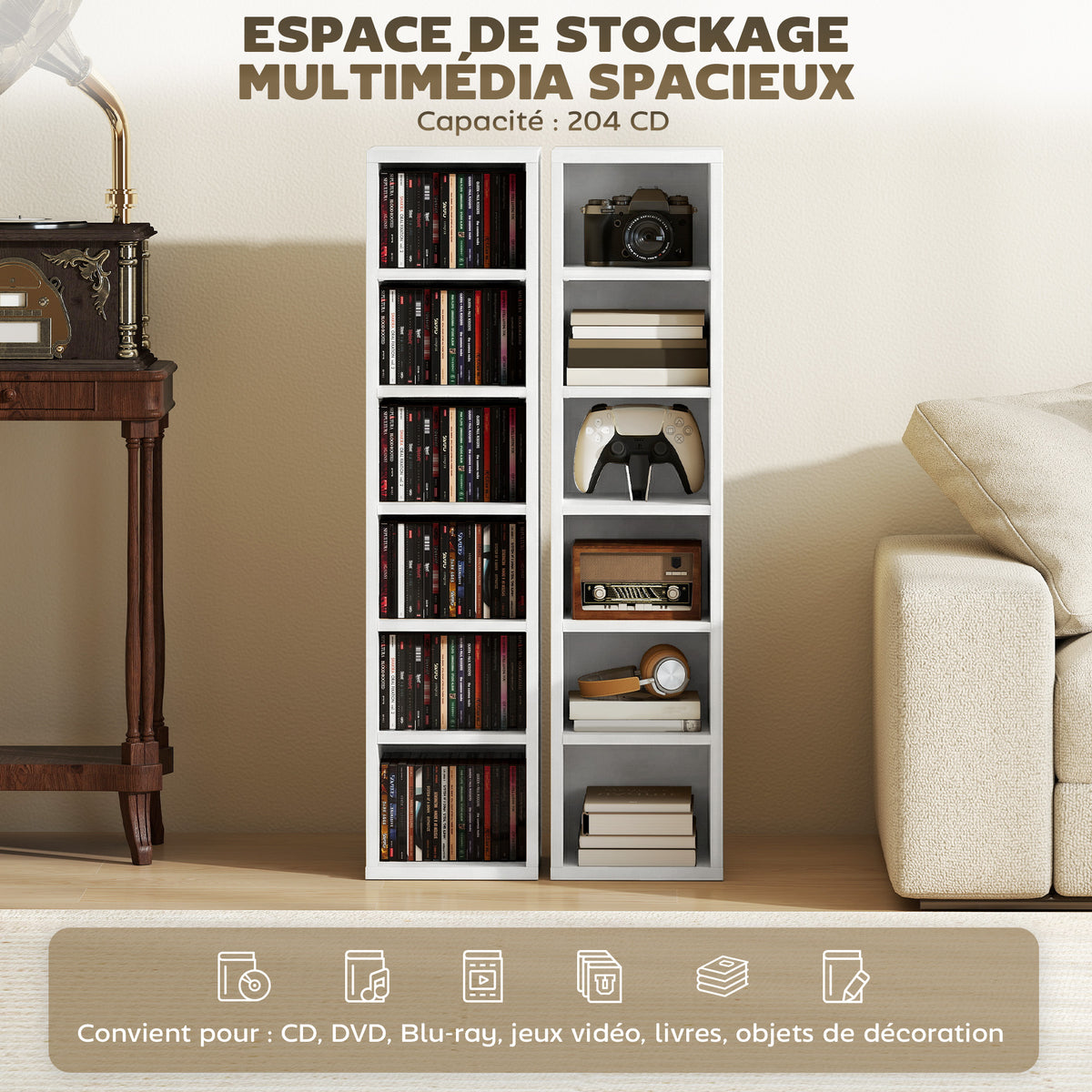 Lot de 2 étagères colonnes armoire de rangement CD-DVD 12 compartiments 21 x 22,5 x 88,5 cm capacité 204 CD blanc-3