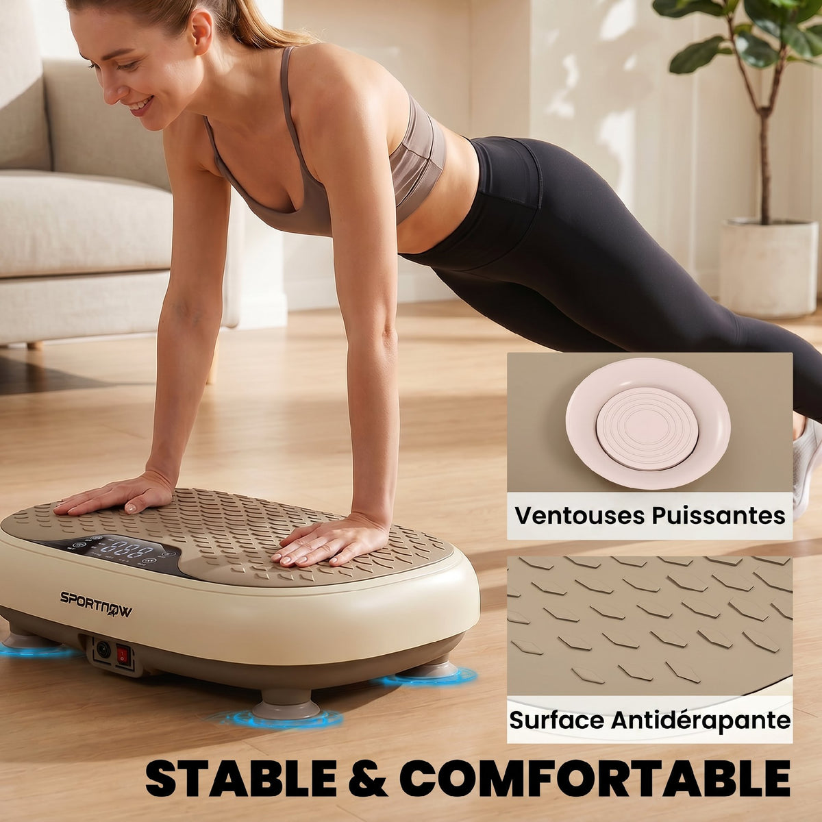 Plateforme Vibrante, 20 Niveaux de Vitesse, 3 Programmes, Écran LED et Télécommande, 46 x 33 x 13,5 cm, Beige-6