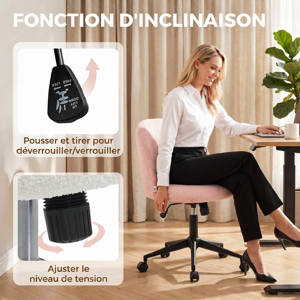 Chaise de Bureau Pivotante en Fourrure Teddy, Hauteur Réglable, Roulettes, Mousse Haute Résilience, Rose-4
