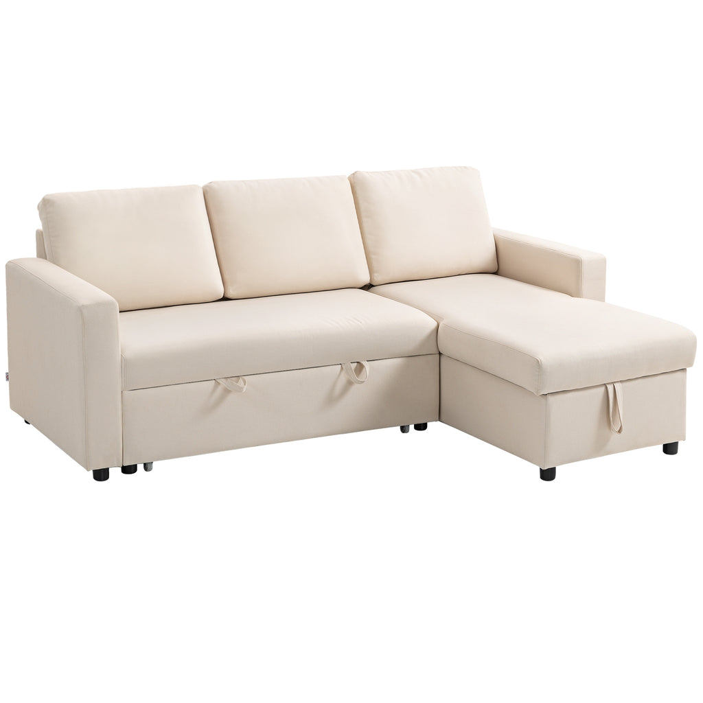 Canapé d'angle convertible modulable avec méridienne réversible, coffre de rangement et 3 coussins de dossier, crème-0