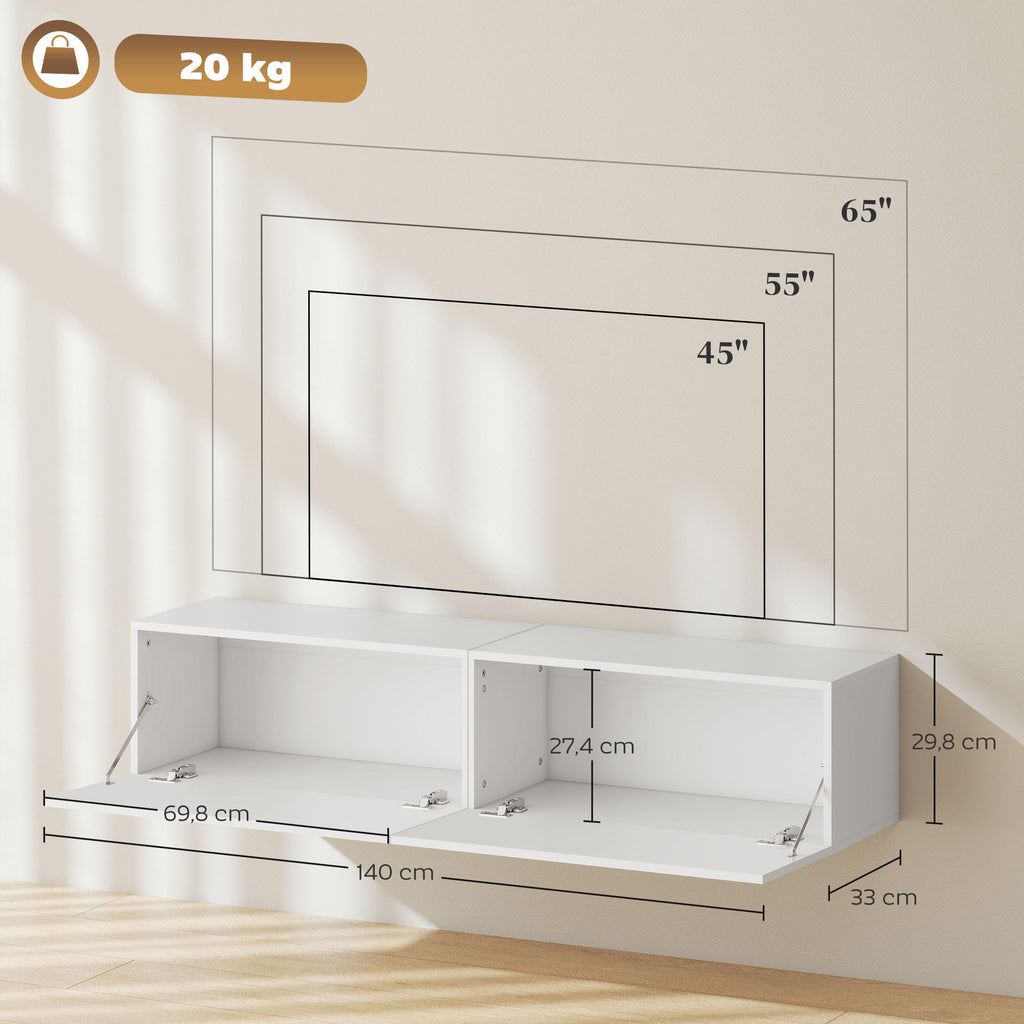 Meuble TV suspendu pour téléviseur jusqu'à 45 55 65 pouces avec 2 placards à portes, 140 x 33 x 29,8 cm, blanc-2