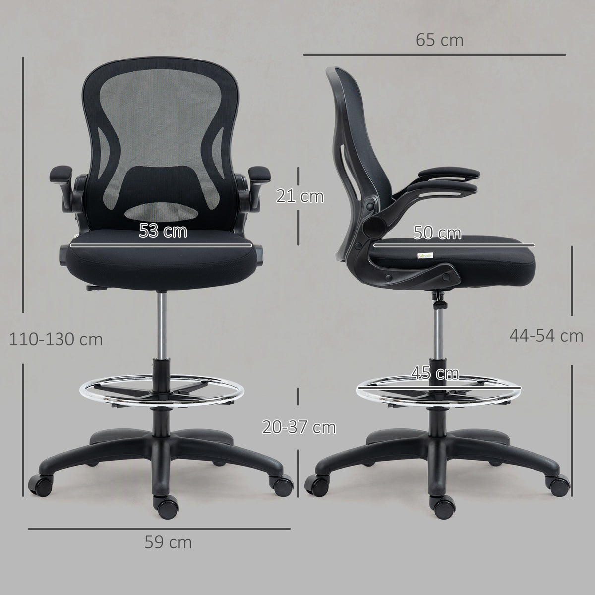 Chaise Bureau Ergonomique en Maille, Hauteur Réglable, Accoudoirs Relevables, Support Lombaire, 59x65x122cm, Noir-2