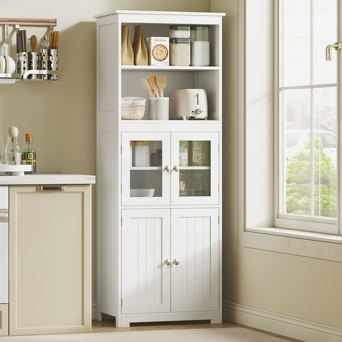 Armoire de cuisine buffet cuisine vaisselier meuble de rangement avec 2 niches, 2 placards avec 4 portes dont 2 portes vitrées, étagère réglable - dim. 60I x 30P x 162H cm blanc-1