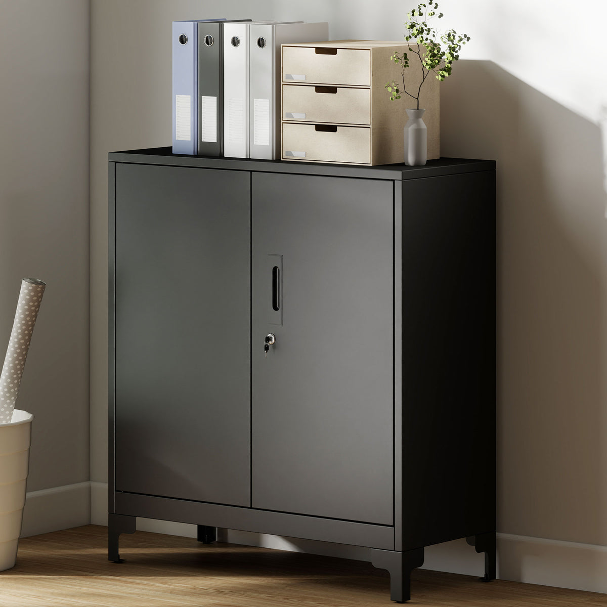 Armoire de bureau à 2 niveaux, meuble de rangement bureau métallique avec 2 portes verrouillables, 80 x 35 x 91 cm, noir-1