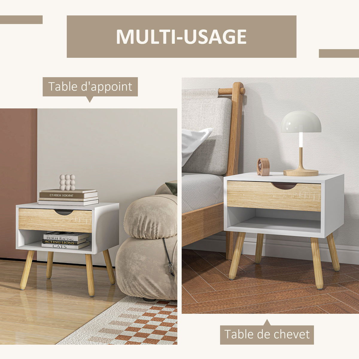 Lot de 2 Tables de Nuit tiroir Niche Design Moderne Panneau de Particules Classe E1 Pieds en Bois Massif 50 x 39 x 51 cm-3