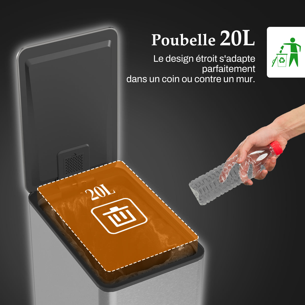 Poubelle de cuisine 20L, en acier inoxydable avec couvercle à fermeture douce, compacte avec seau intérieur amovible-3