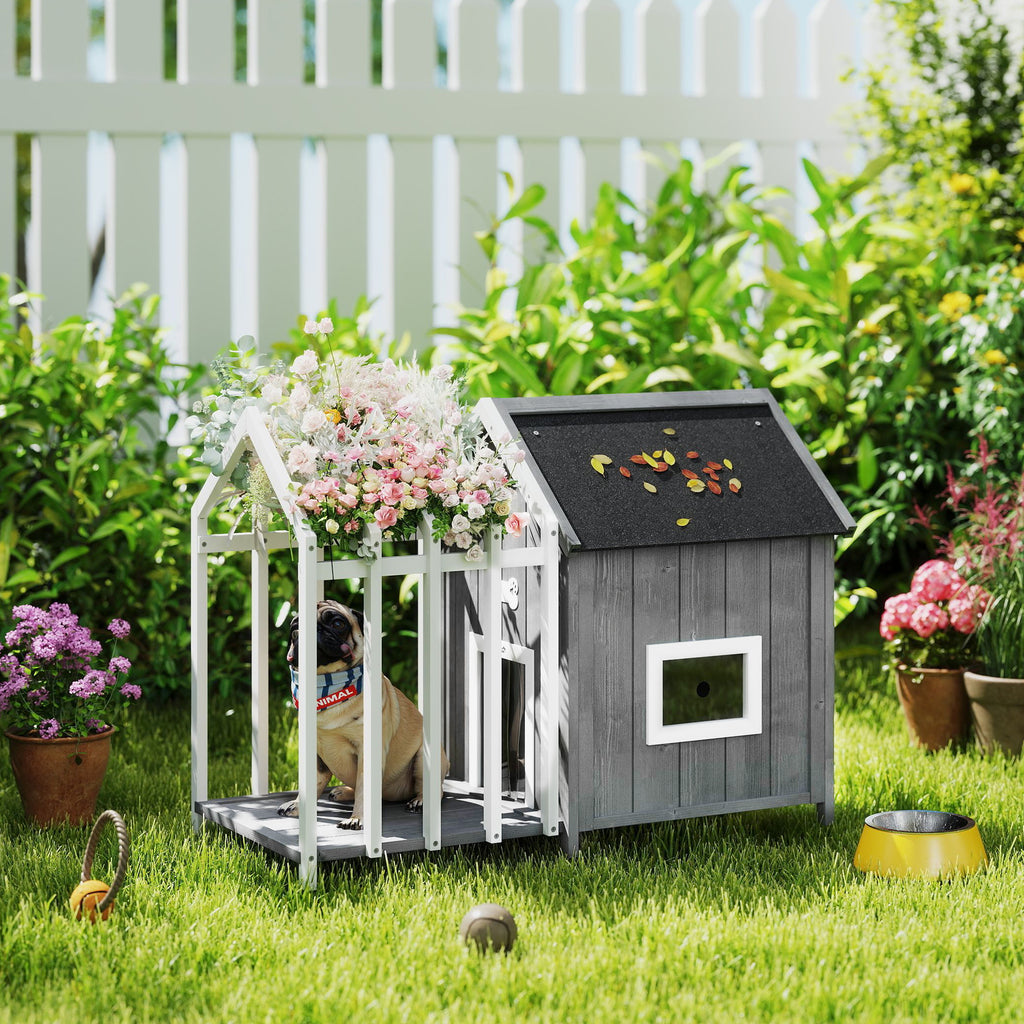 Niche pour chien extérieur en bois maison chien extérieur avec terrasse, porte à lamelles, 106 x 62,5 x 80,5 cm, gris-1