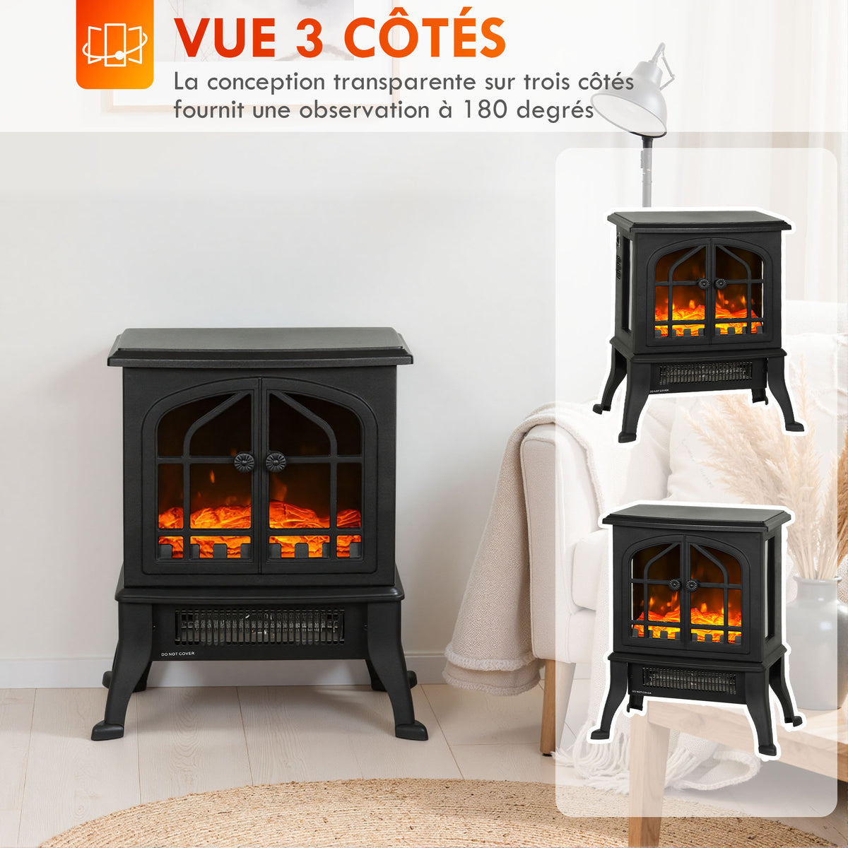 Cheminée électrique avec effet flamme 3D, 1800/900 W, fausse cheminée décorative, thermostat réglable, 39x24x48cm, noir-4