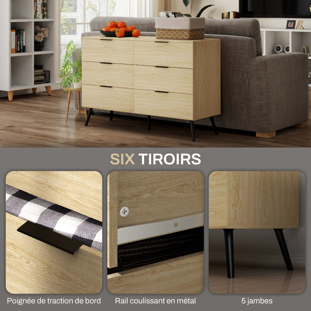 Commode 6 tiroirs Commode moderne pour chambre à coucher avec design anti-basculement 110L x 40l x 75H cm Aspect bois-4