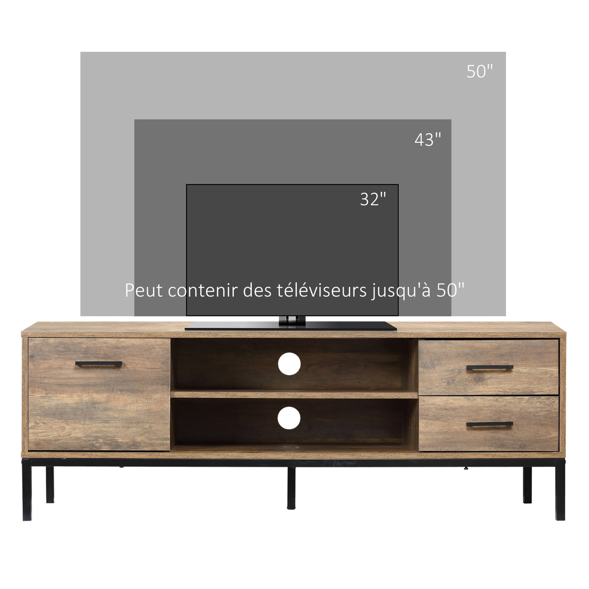Meuble TV banc TV jusqu'à 50 pouces placard, 2 tiroirs et étagère - 2 passe-câbles - 132 x 39 x 45,5 cm marron noir-5