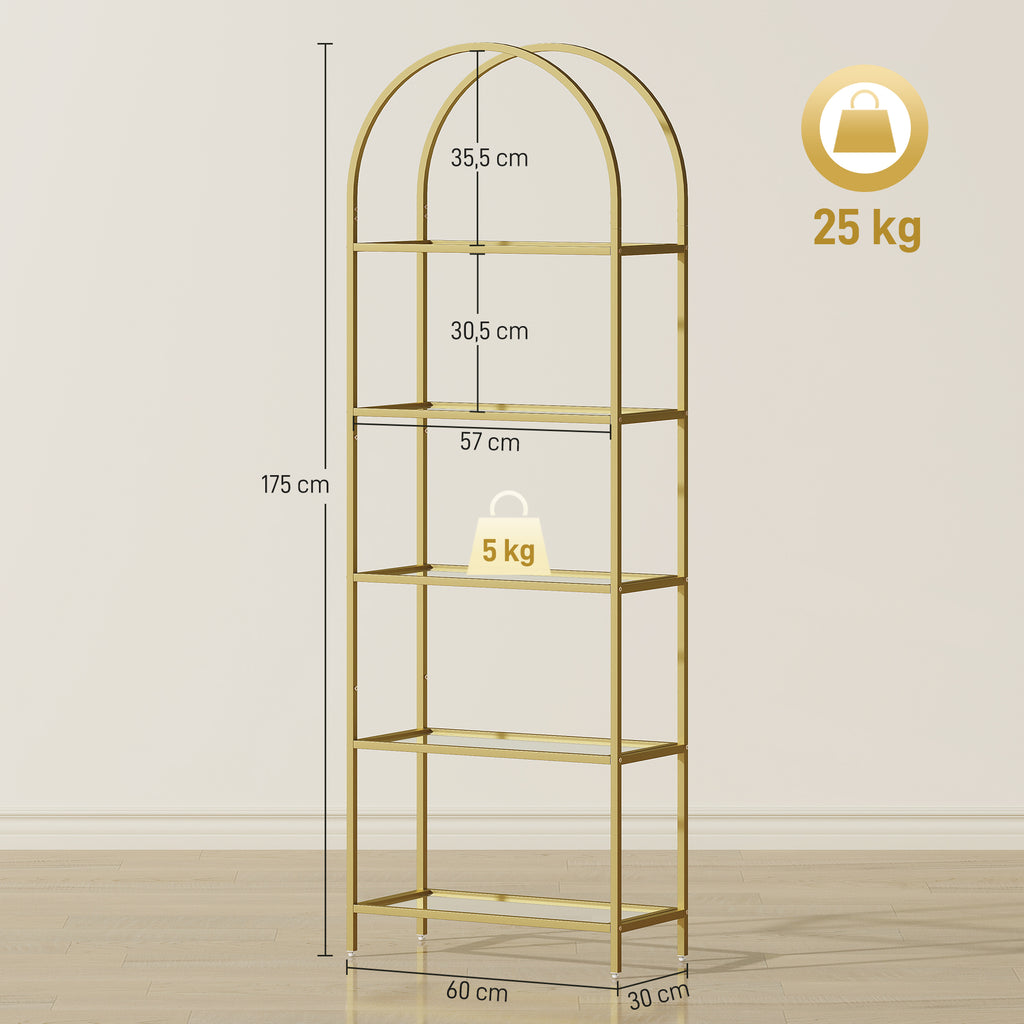 Bibliothèque étagère de rangement en verre à 5 niveaux arqué pour salon, bureau, chambre, 60 x 30 x 175 cm, doré-2
