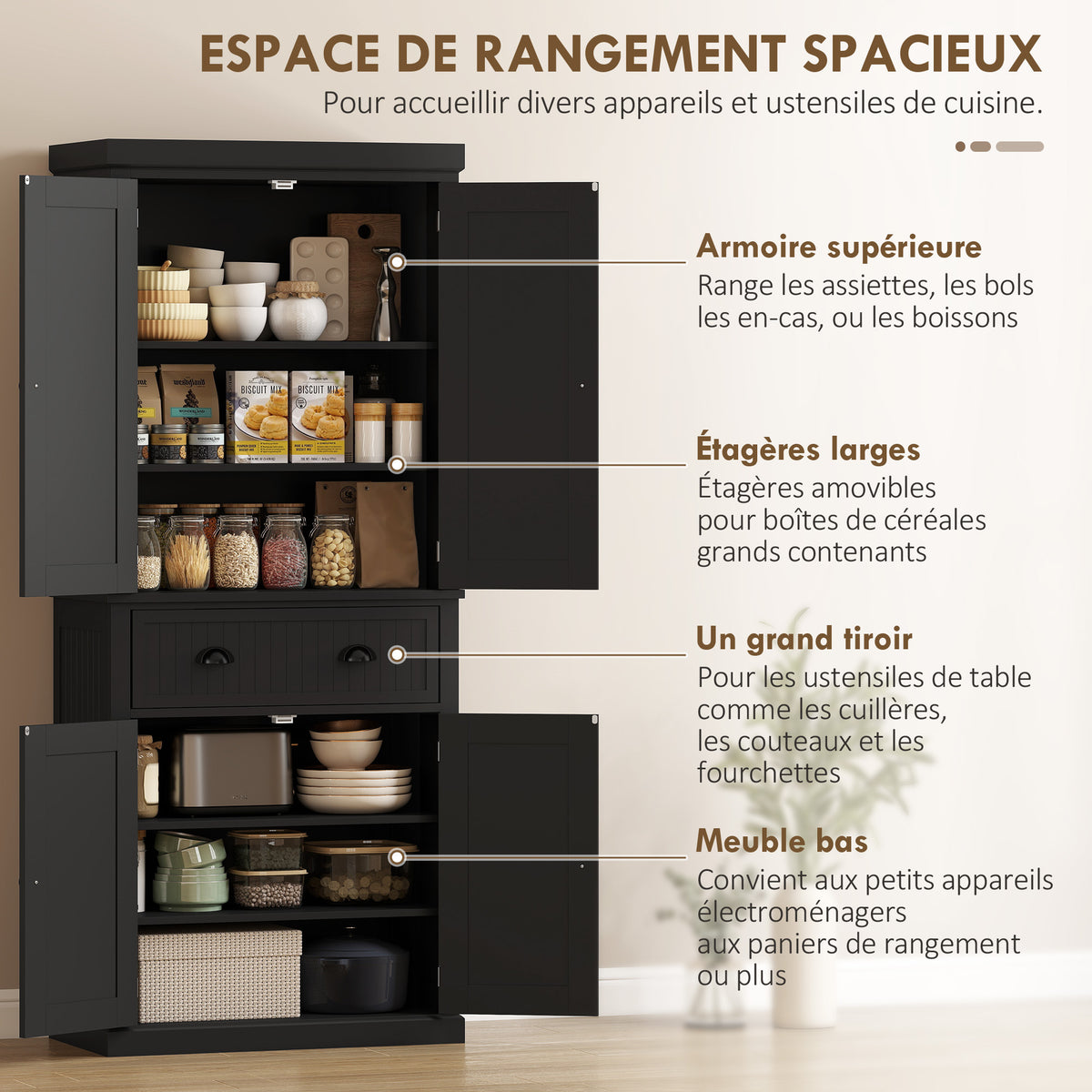 Buffet haut cuisine, armoire de cuisine avec 4 portes, tiroir et étagères réglables, 76,2 x 40,2 x 183 cm, noir-3