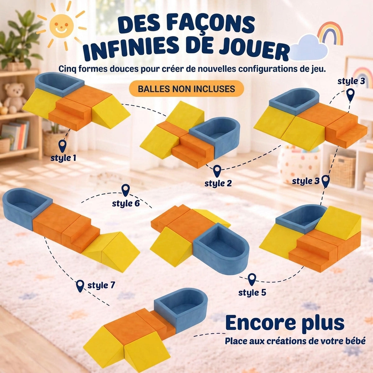 Parcours Motricité Bébé 5PCS, Module Motricité Bébé en Mousse, Piscine à Balles, Housse en Velours Lavable, Multicolore-3