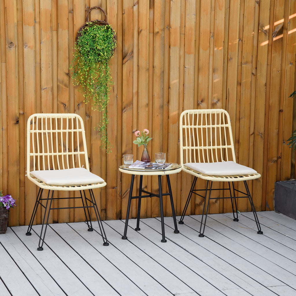 Ensemble bistro de jardin 3 pièces 2 chaises + table basse ronde verre trempé 2 coussins crème-9