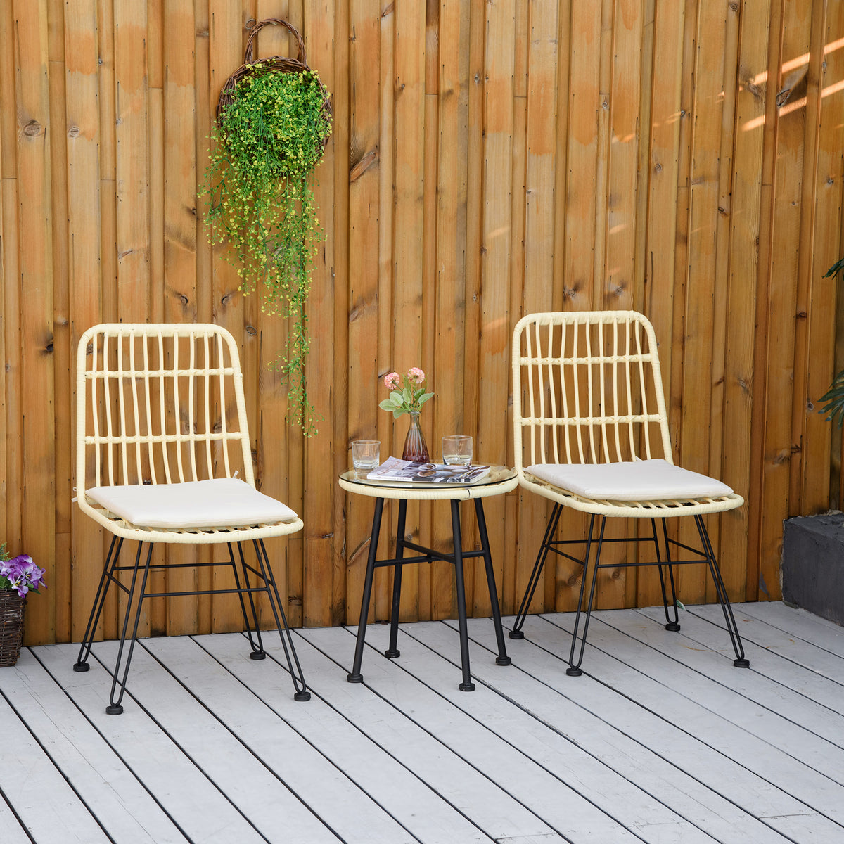 Ensemble bistro de jardin 3 pièces 2 chaises + table basse ronde verre trempé 2 coussins crème-9