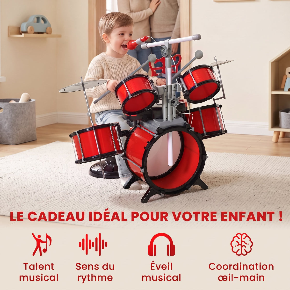 Kit de Batterie pour Enfants avec Tabouret, Clavier Électronique, Microphone, Connecté via USB, 77,5x40x76,5cm, Rouge-3