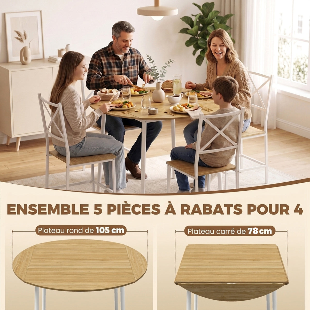 Ensemble Table Salle à Manger avec 4 Chaises pour 4 Personnes, Table de Cuisine Pliante 105 cm Chaises Empilables, Chêne-3