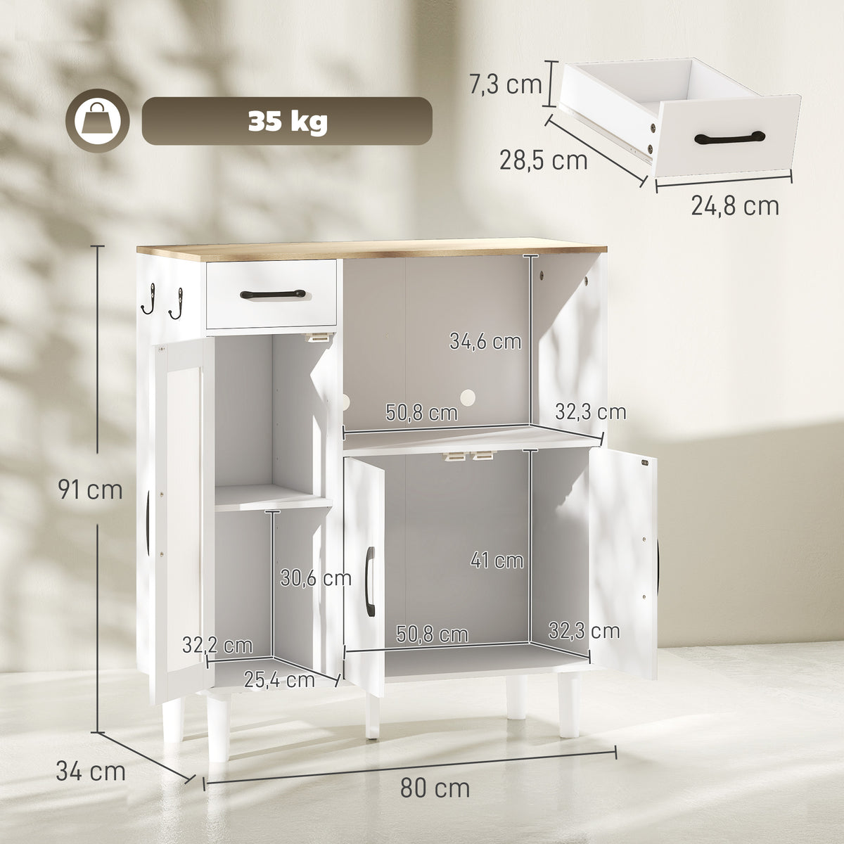 Buffet cuisine, meuble de rangement avec tiroir, 3 portes dont 1 en acrylique cannelée, étagère ouverte, blanc et chêne-2