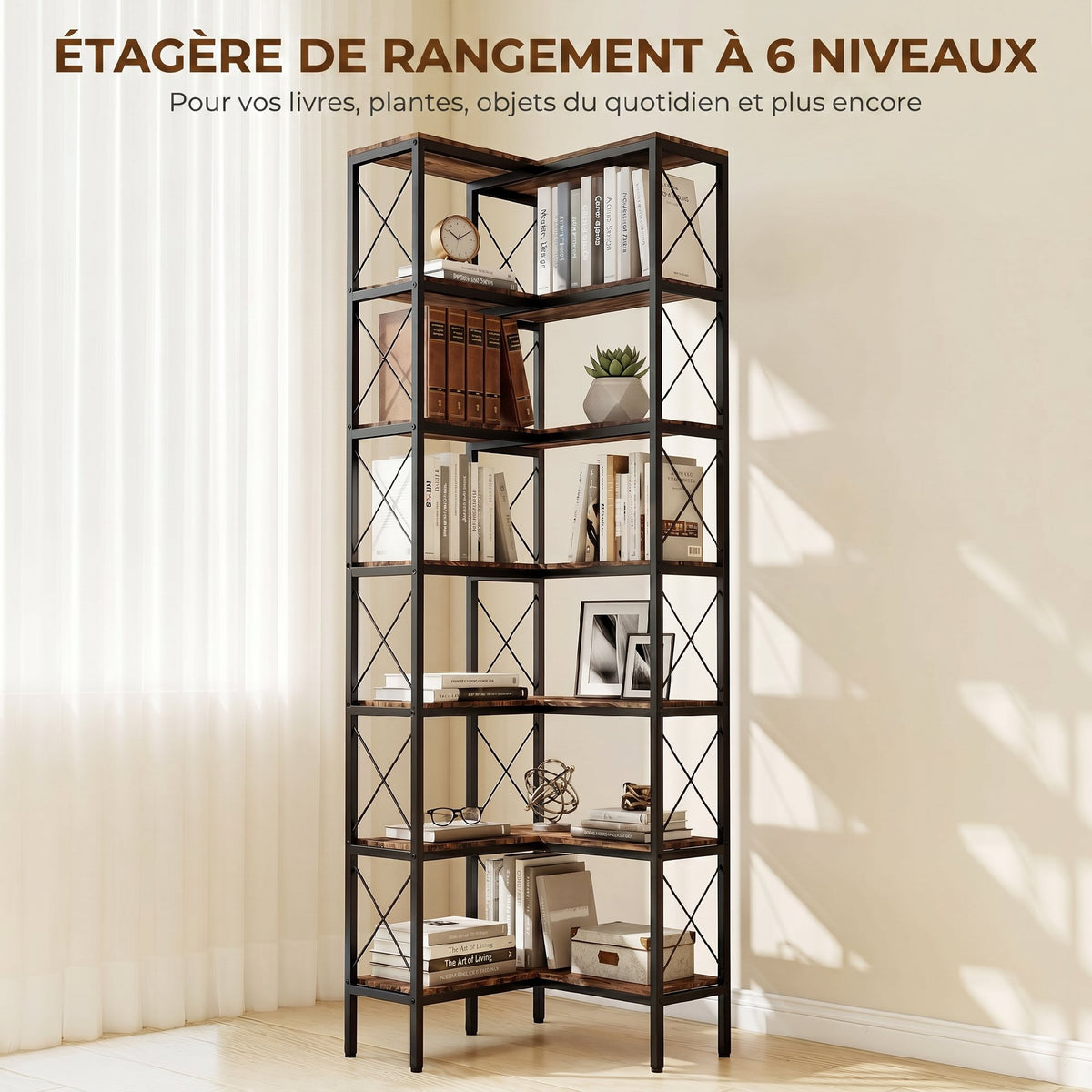 Bibliothèque d'angle à 6 niveaux, meuble de rangement en métal pour salon, chambre, bureau, 60x60x200cm, brun rustique-4